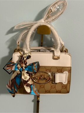 Bebe Mini White and Tan Women's Satchel Bag with included crossbody strap! NWT
